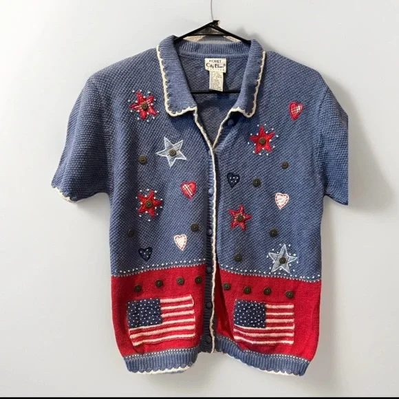 Koret City Blues Patriotic USA Flag Cardigan Americana Stars Hearts Knit Top - Picture 1 of 4